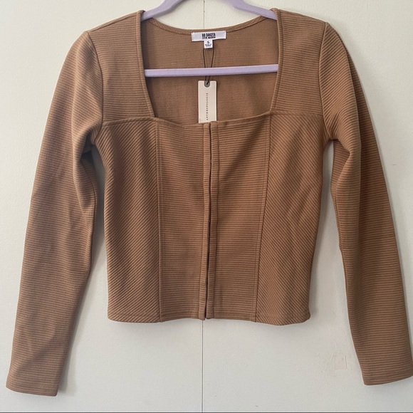 💔SOLD 💔 Anthropologie Ribbed Corset-Seamed Top Long sleeve Camel Colored NEW - Picture 2 of 5